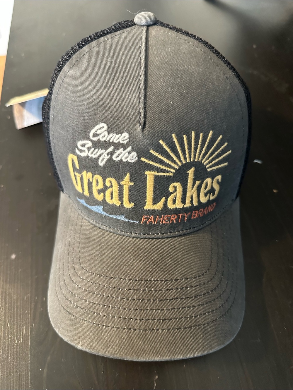 Faherty Navy and Yellow 'Great Lakes' Embroidered Trucker Hat